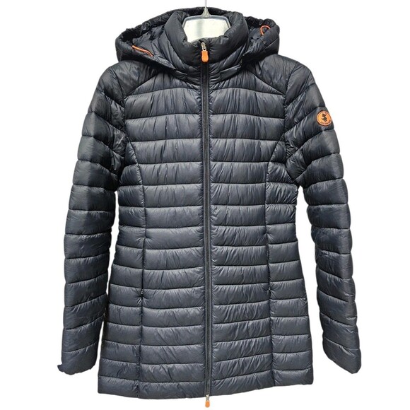 Save The Duck Womens 1/S Ultra Light Jacket Hooded Puffer Coat Plumtech Navy - Picture 1 of 16